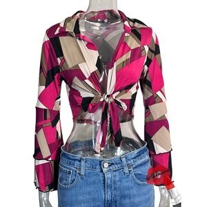 Vintage BCBG Top Womens Large Pink Geometric Crop Indie Fairy Romantic 90s